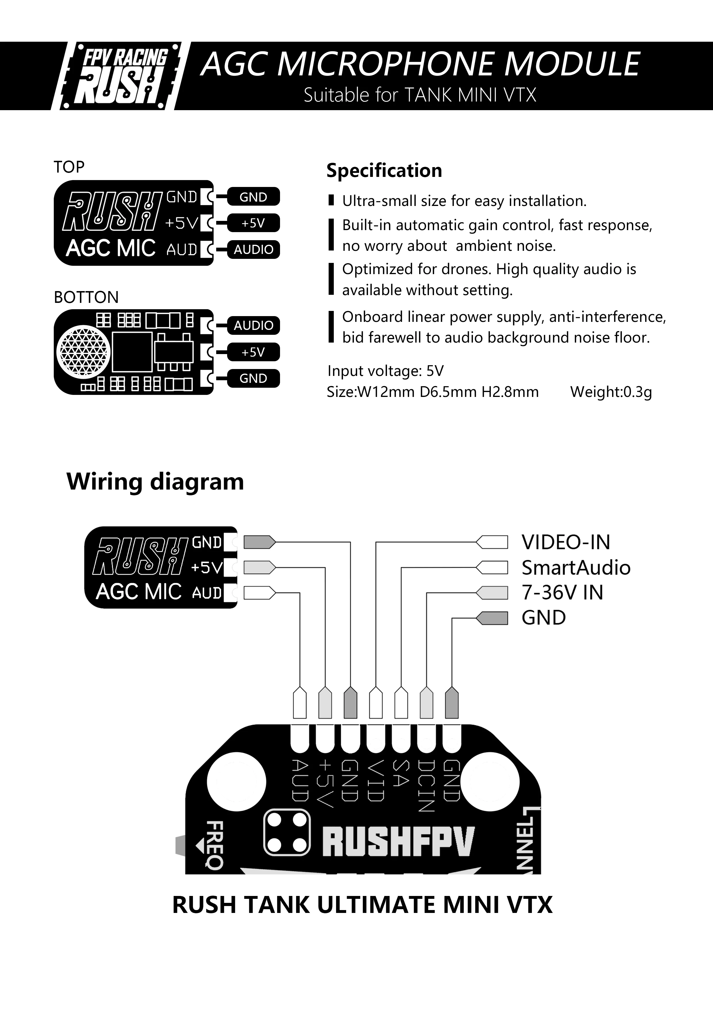 RUSH Ultra-small External Automatic Gain Control VTX Microphone