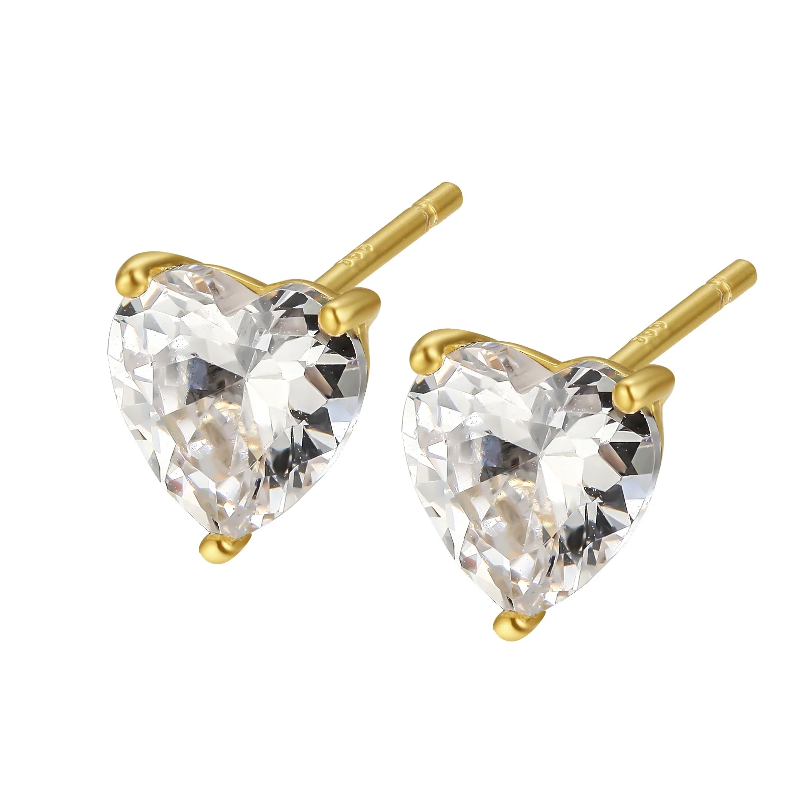 

925 Sterling Silver Wholesale Jewelry Rhodium Dainty Prong 5A 3A Diamond Cz Heart Shaped Diamond Small Stud Earring