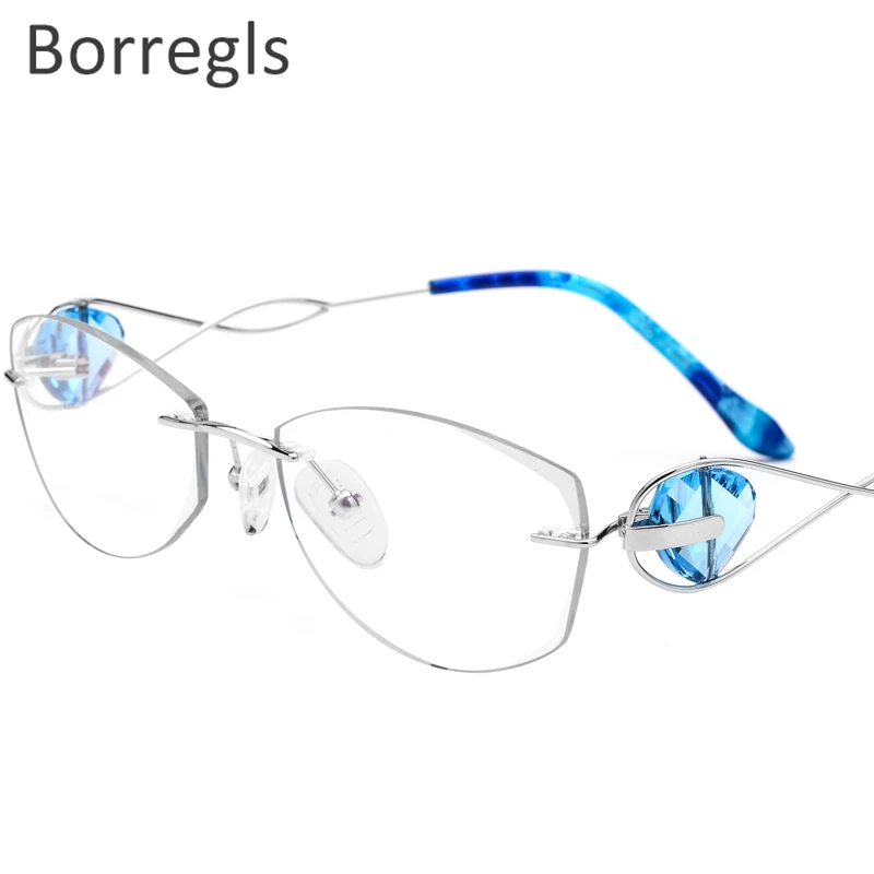 Borregls Wire Titanium Rimless Glasses Women Ultralight Eyeglasses Frames Diamond Trimming Cut