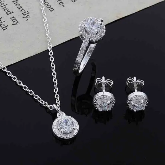 

XUNBEI 925 sterling silver ring earrings three-piece jewelry zircon crystal necklace set