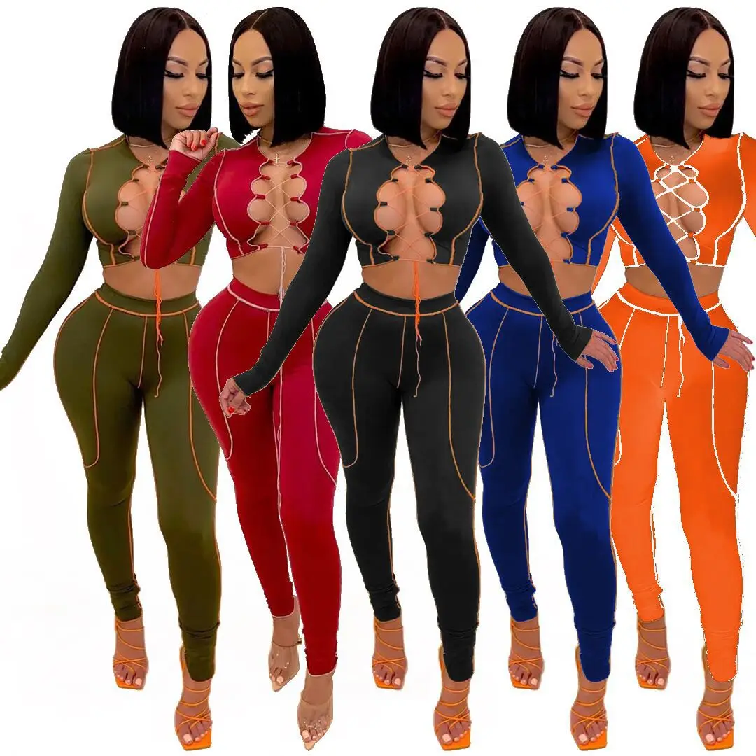 

2021 Spring Hollow Out 2 Piece Outfit Lace Up Crop Top Sexy Two Piece Bodysuit and Pants Set