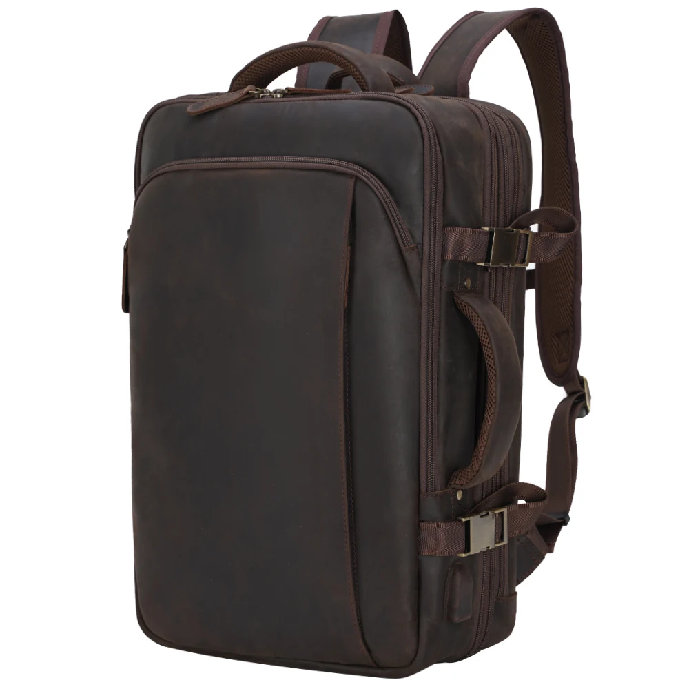 

Large Capacity Premium Crazy Horse Leather Back Pack Bag With USB Men Expand Brown Cowhide Genuine Leather Travel Backpack