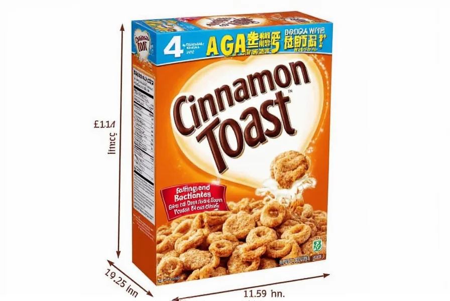 Side-by-side comparison of standard, family size, and value size cinnamon toast cereal boxes showing height, width, and depth measurements