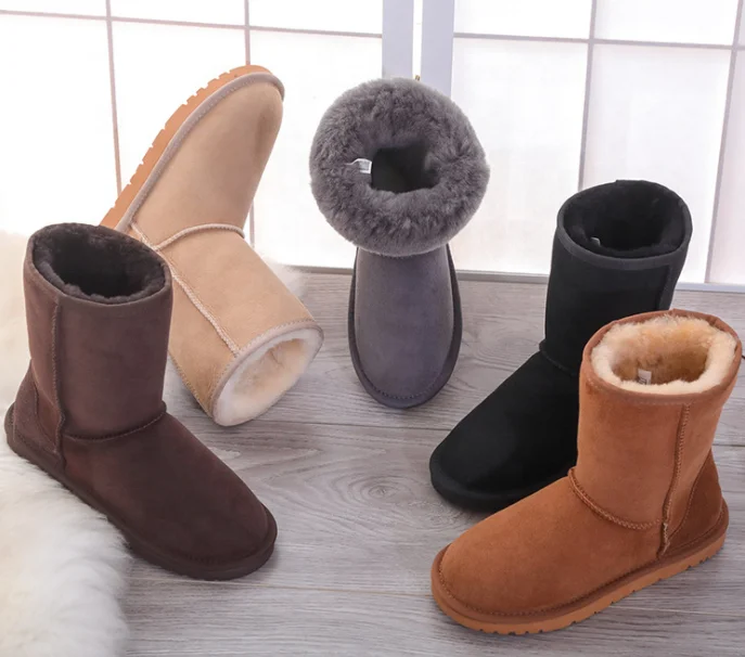 

Custom Fashion Winter Warm Waterproof Genuine Sheepskin Leather Upper Real Wool Fur Lining Mid Height Women Snow Boots