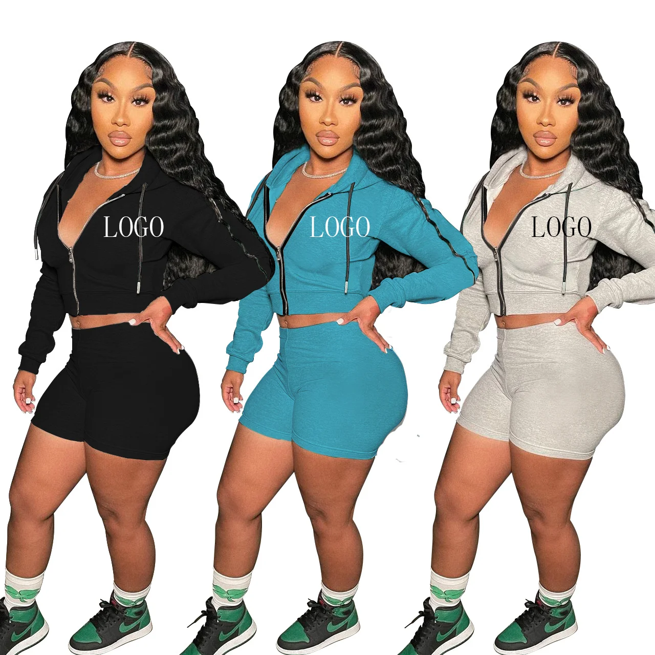 

full zip up cardigan fall 2021 women clothes customized logo jacket with hooded short outfit crop hoodie sets for women, Gray,black,blue