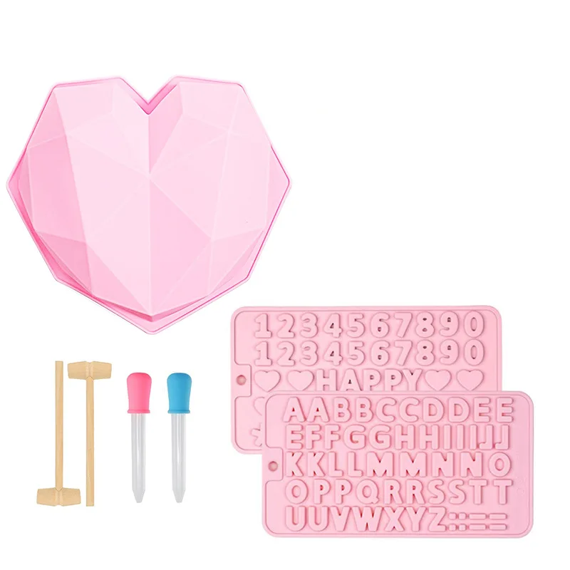 

0958 DIY Heart Shaped Mousse Cake Baking Tools Number Letter Chocolate Diamond Love Cake 7-piece Silicone Mold, Picture colors