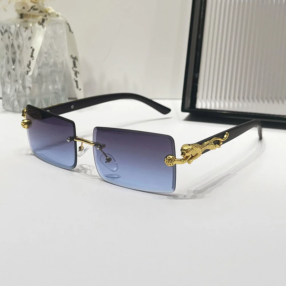 2024 Trendy Vintage Ladies Sunglasses Wooden Legs Factory Custom logo Brown Rimless Rectangle Sun Glasses Metal Sunglasses
