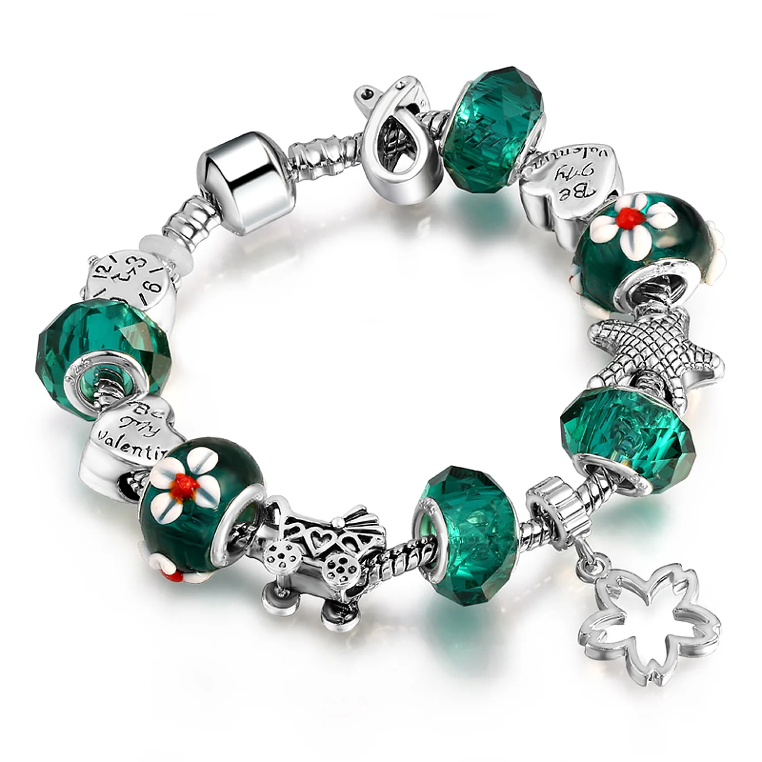 

Valentine's Day Gift Women DIY Glass Bead Enamel Flower Charm Bracelet Silver Snake Chain Flower Charm Austrian Crystal Bracelet