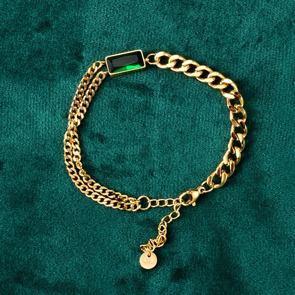 

Luxury Stainless Steel 18k Gold Plating Emerald Charm Bracelet Chunky Green Crystal Curb Link Chain Bracelet
