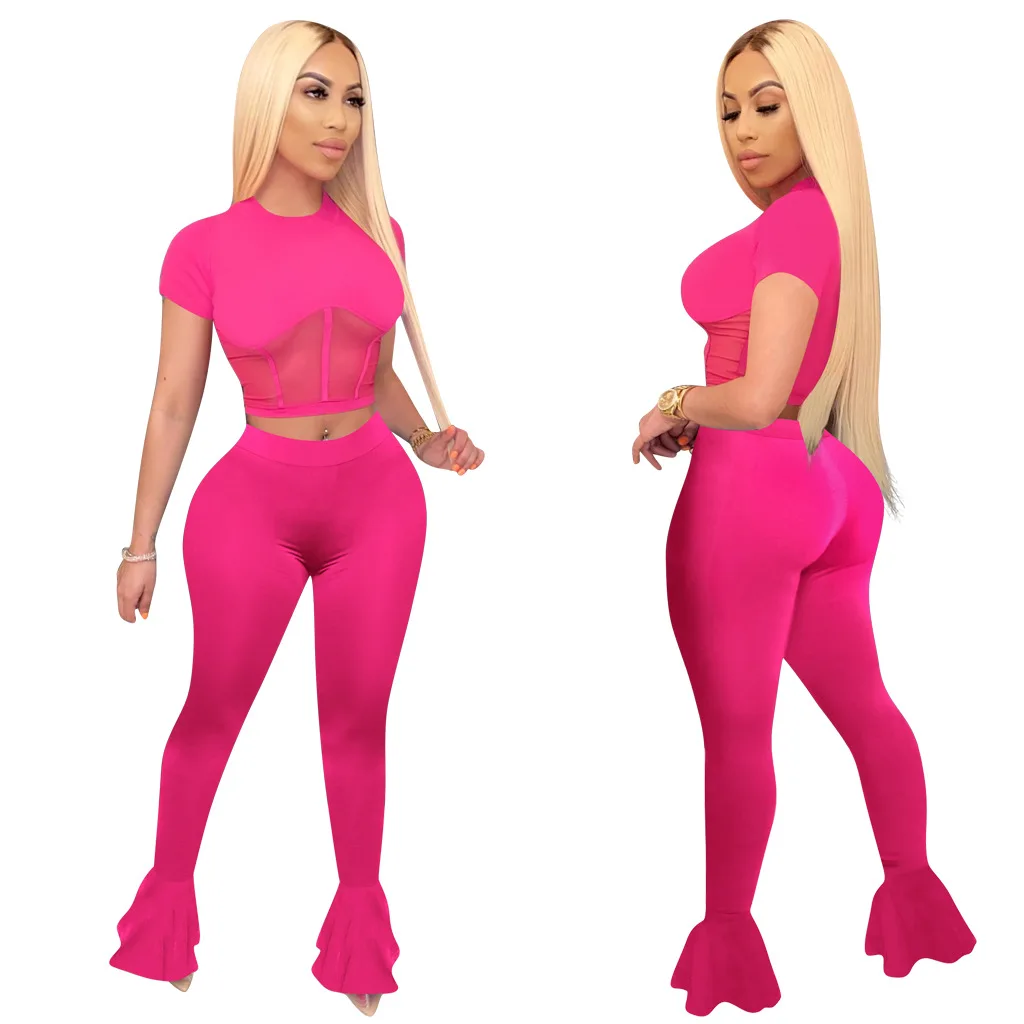 

Wholesale Sexy Outfits Women Two Pieces Sets Wide Leg Flare Pants Women Clothing Mesh Two Piece Set, Customized color
