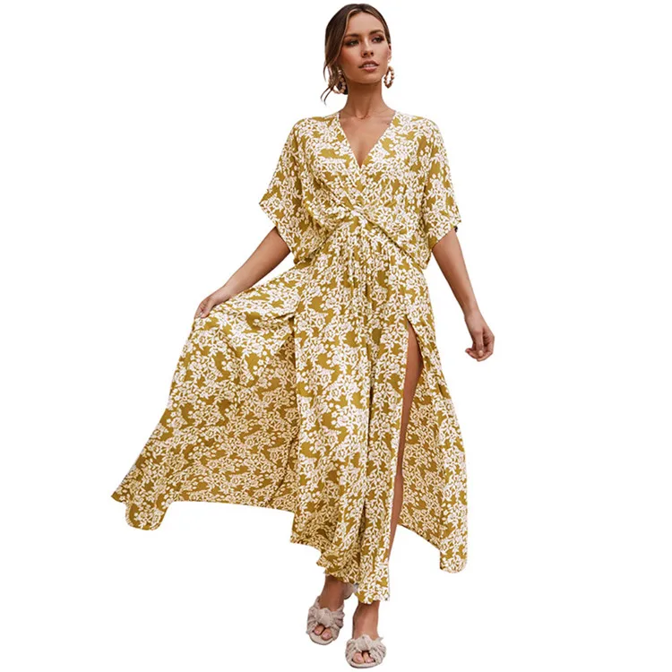 

YQ952 free shipping new Women Bohemia Vacation Deep V Sexy Floral Short Sleeve maxi long Dress, As shown