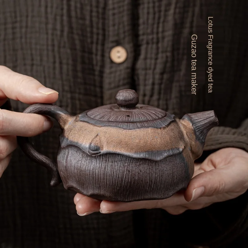 Japanese Gilding Iron Glaze Lotus Incense Handle Pot Ceramic Kung Fu Teapot Single Tea Pot Hand Ewer Pu'er Tea Making Device
