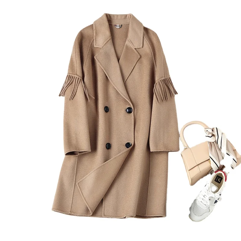

Autumn And Winter Handmade Coat Fashion Fringed Mid-length Long-sleeved Double-breasted Loose And Versatile Coat