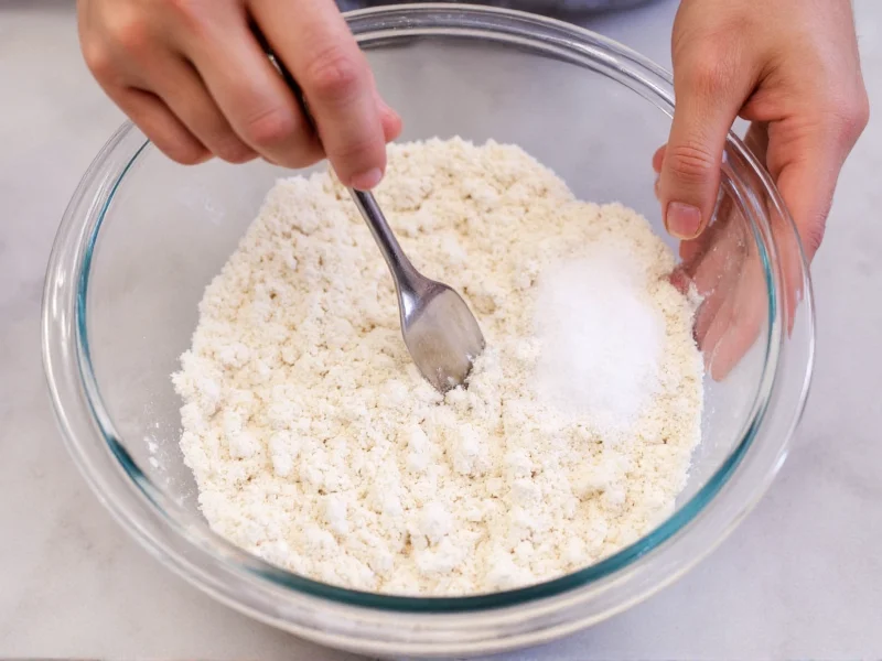Hand mixing flour baking powder and salt in glass bowl