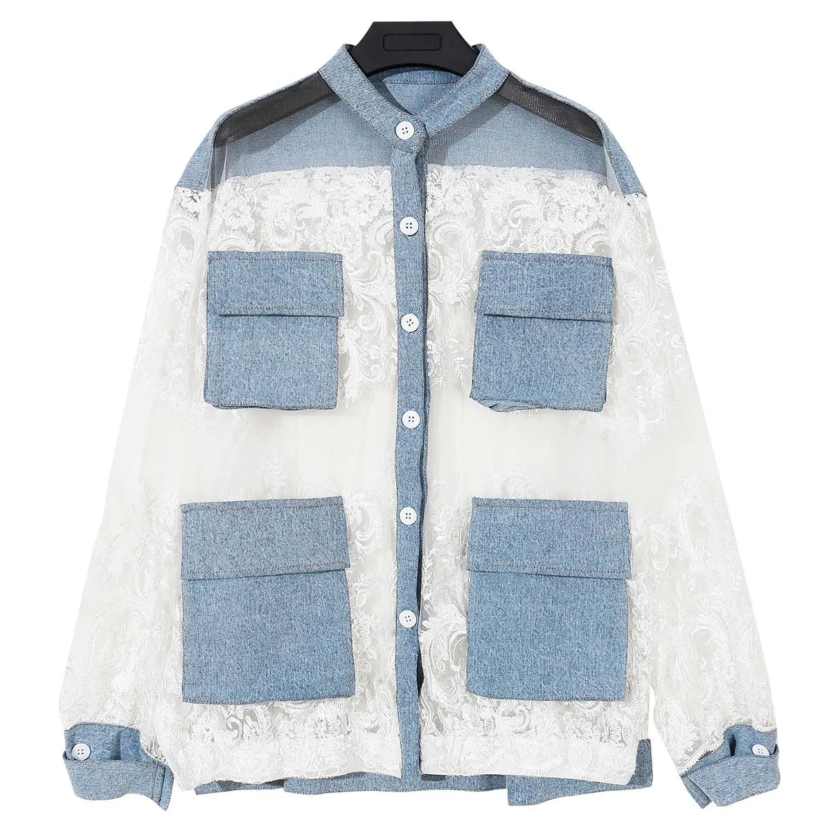 

Fashion Oversize See Through Soft Lace Joint Denim Button Women's Woven Coats, One color