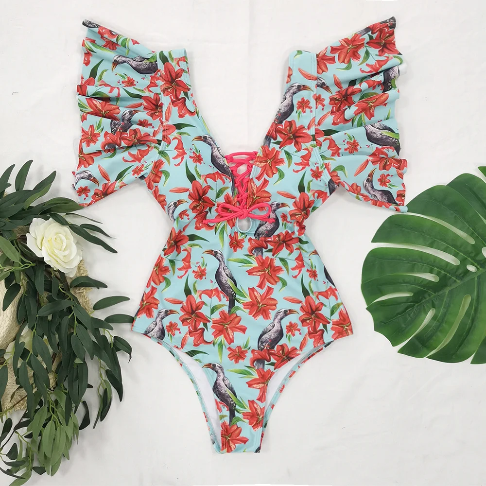 

Hot Sell Deep V Flounce Sleeve Swimsuit Beautiful Flower Print Backless Sexy Bandage Bikini Swimwear bathing suit for women, Customized color