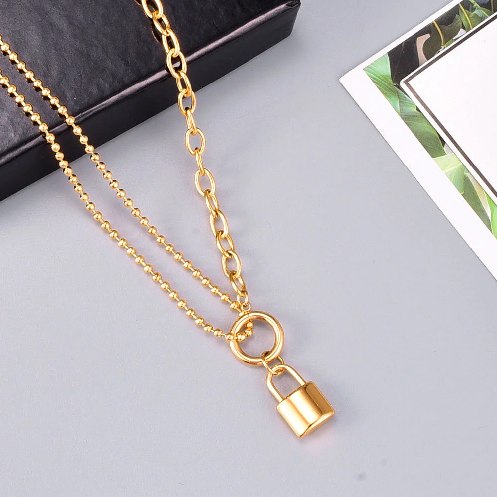 

Ins Fashion 18K Gold Plated Titanium Steel Lock Pendant Necklace Non Tarnish Multi Layers Stainless Steel Link Chain Necklace