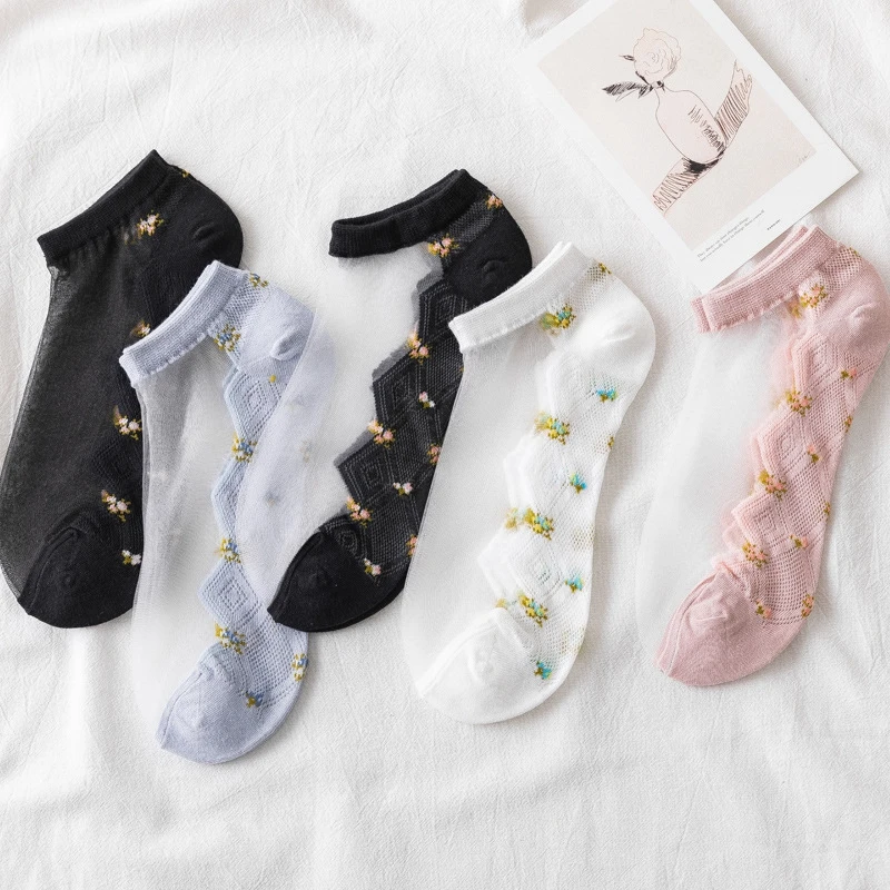 

2020 SUMMER New Women's Crystal Lace Glass Rose Silk Flower Ladies Short Thin Sexy Sheer Socks, As picture