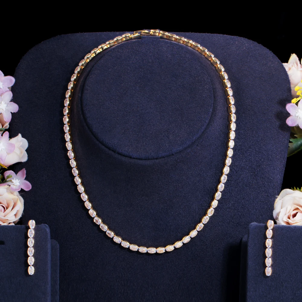 Gorgeous Oval Shape Cubic Zirconia Prom Necklace and Earrings Brides Dubai Indian Jewelry Sets for Wedding Bridesmaid Gift