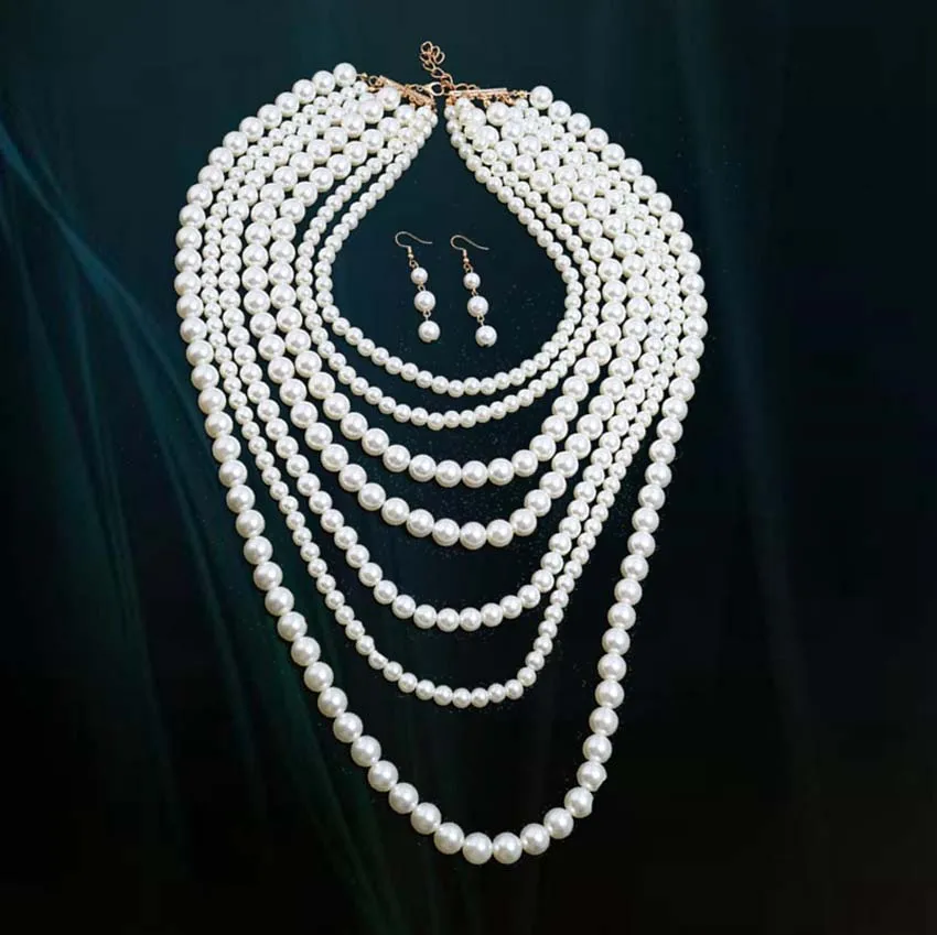 

Large Faux Pearl Jewelry Set Statement Multilayer Necklaces Earrings for Brides, Gold/sliver
