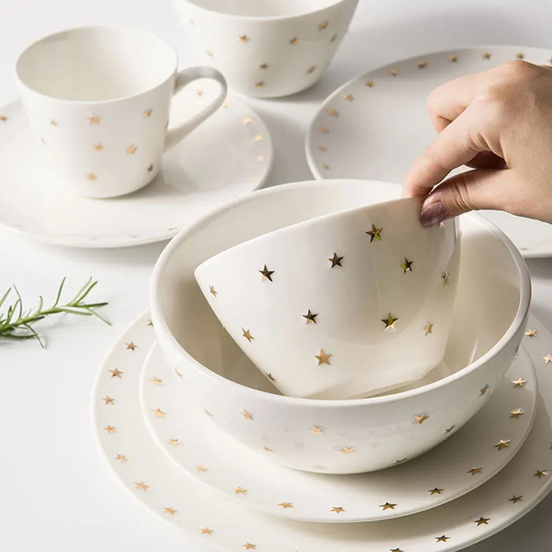 Restaurant Stars Rim White Plates Ceramic Dinner European Tableware Set