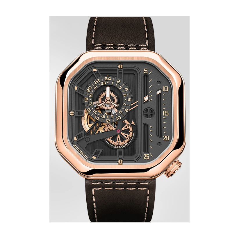 

Rose gold men's stainless steel octagonal skeleton 24 hours show square mechanical watch