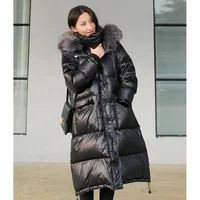 

2019 winter large fur collar Korean fashion bright down jacket women long thickening down coat