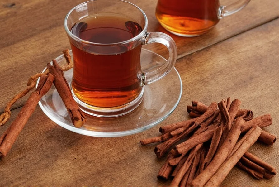 Wooden spoon stirring cinnamon sticks in ceramic mug with golden tea liquid
