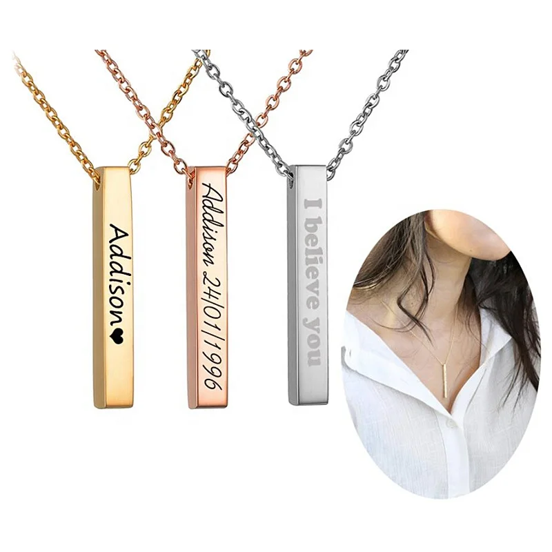 

Factory Customized Dainty Vertical Name Bar Pendant Necklace Personalized Gifts for Her Bridesmaid Proposal stainless Jewel 2022