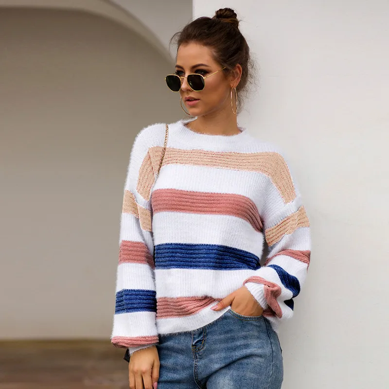 

elegant crew neck woman dress cashmere sweater in wide stripe