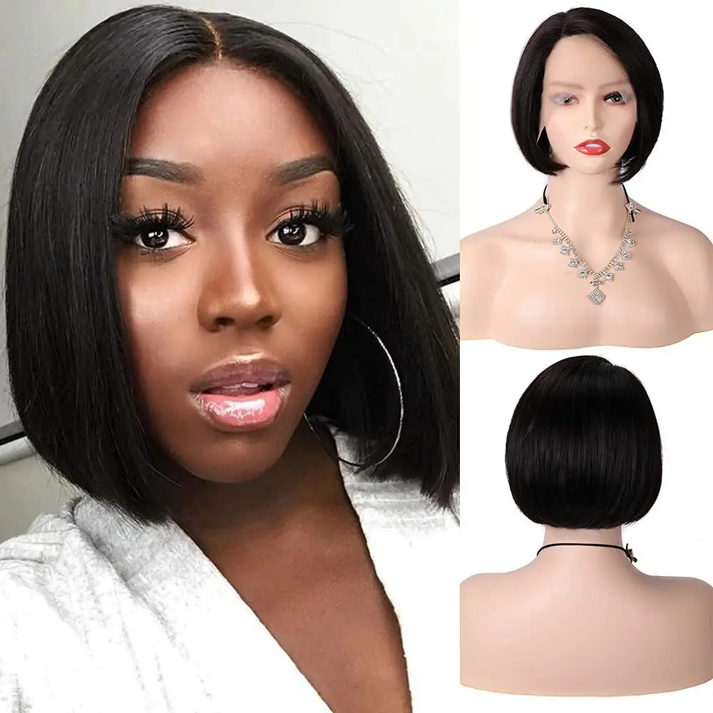 

Front Lace T-shaped Synthetic Wig 13*4 Bobo Short Straight Hair Synthetic Wigs Headgear For Women, Pics