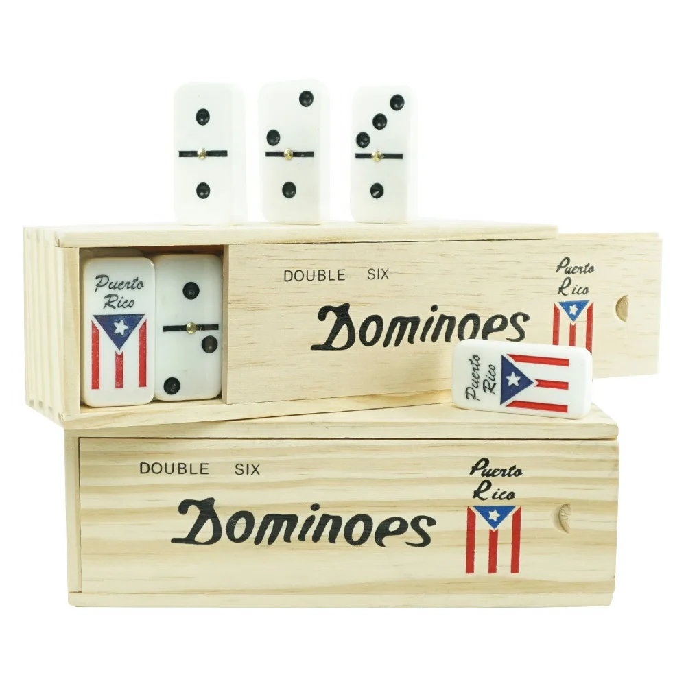 

Hot selling 5010 model Puerto Rico Flag dominoes blocks engraved logo on domino back with wood domino box