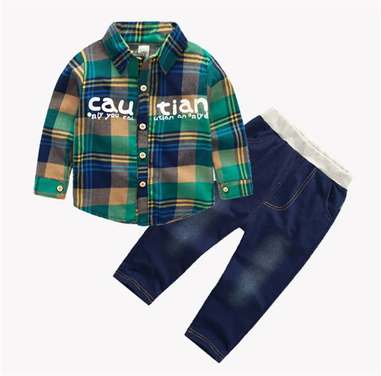 

Hot Sale Boy's Clothing Sets Cotton Two Piece Top with Trouser Set Plaid Shirt and Jeans Spring Autumn Kids Clothes Boys Baby, Red, green