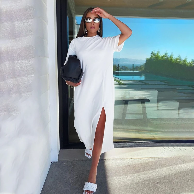 

Mid-Length White T-shirt Dress Women Casual Slit Long Skirt Dress For Daily Life