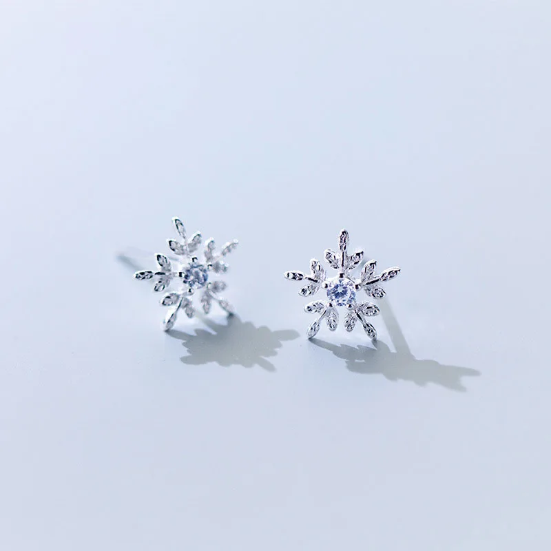 9MM Geometric 925 Sterling Silver Snowflake Zircon Stud Earring Women Jewelry Christmas Present