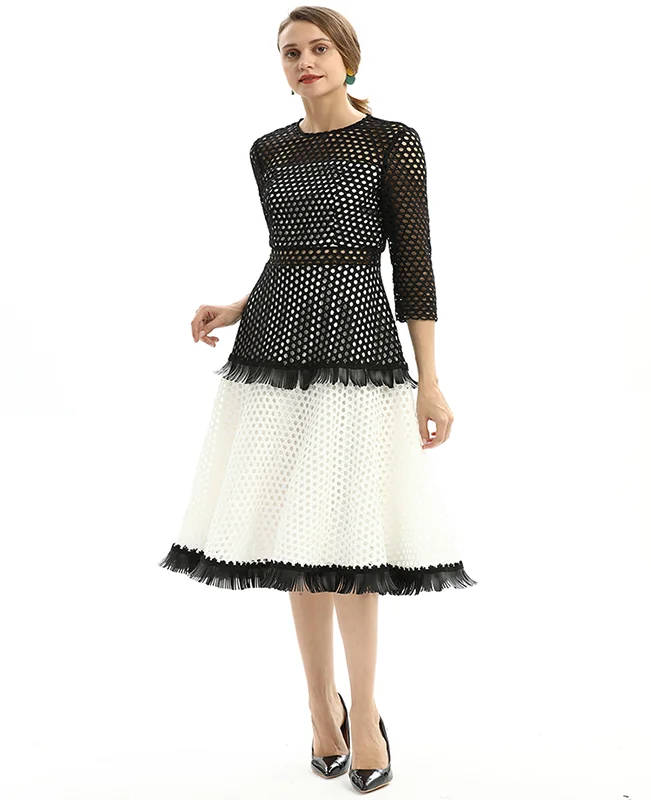 

D052 women cutout dress elegant black and white casual office career dress