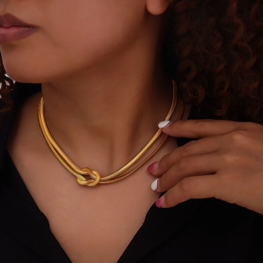 Double Layer Snake Chain Knot Choker Bracelet Stainless Steel Twisted Chunky Thick Short Clavicle Chain Necklaces Jewelry YF5054