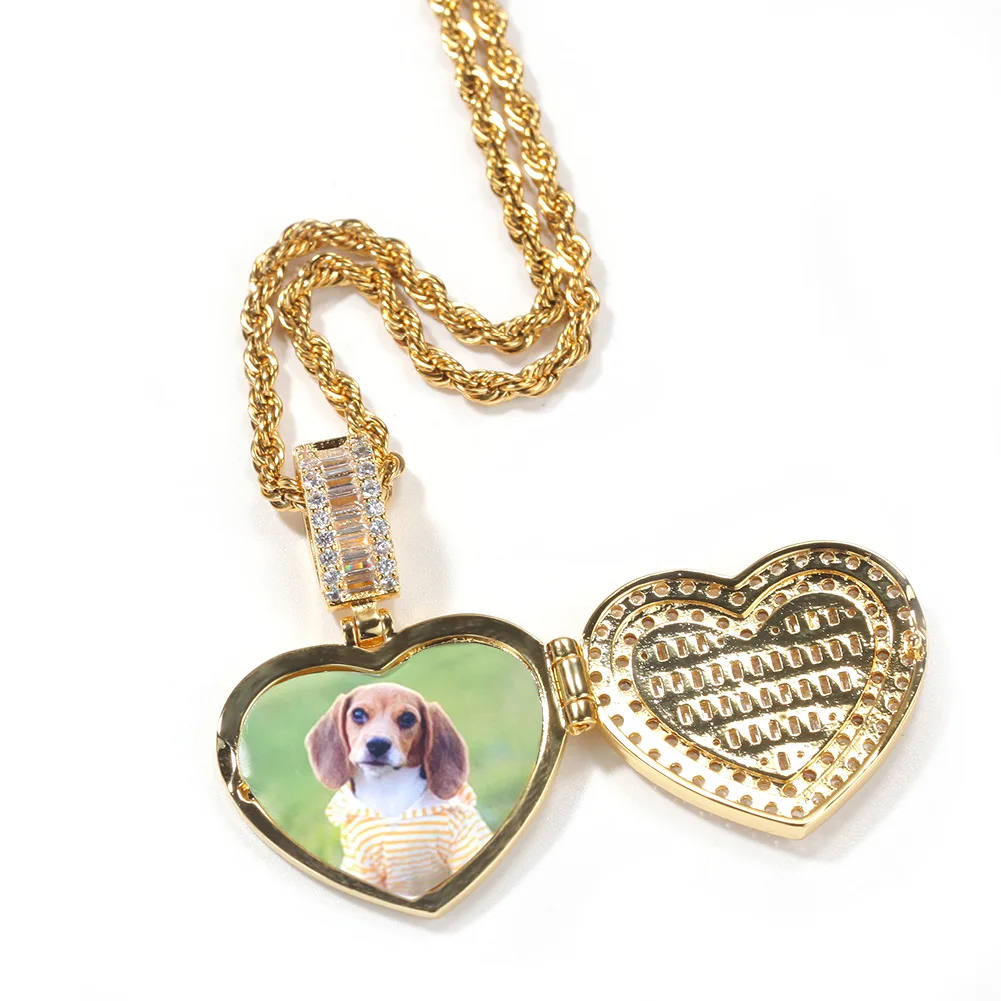 

Hip Hop Iced Out Brass AAA CZ Cubic Zircon Heart Necklace Jewelry Women Mens Custom Photo Locket Necklace