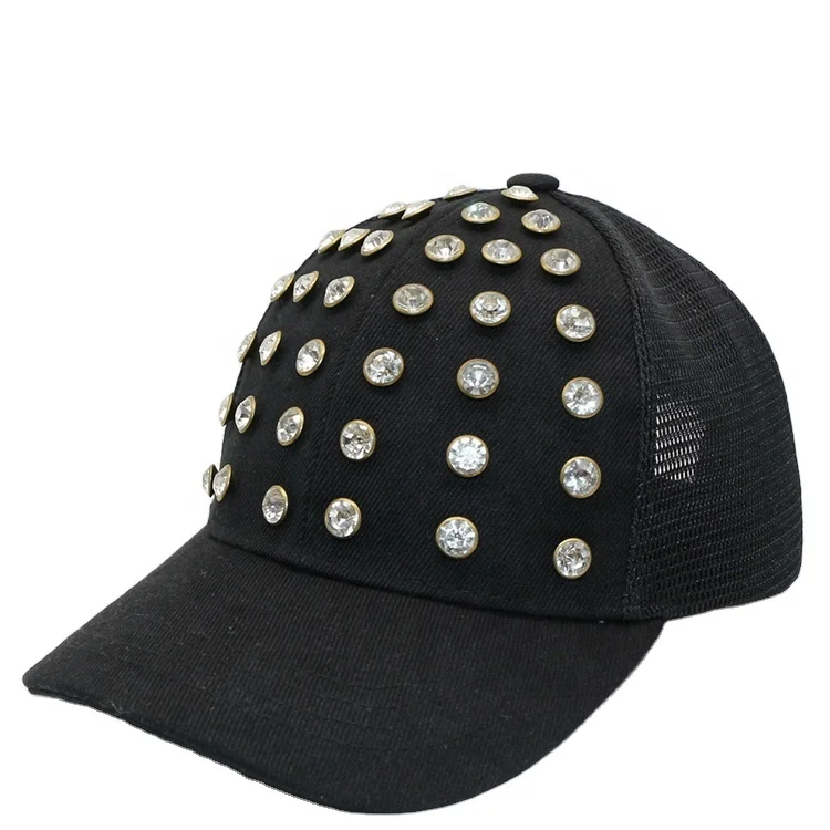 

New stlye unsix Mosaic rhinestones black trucker baseball mesh hat