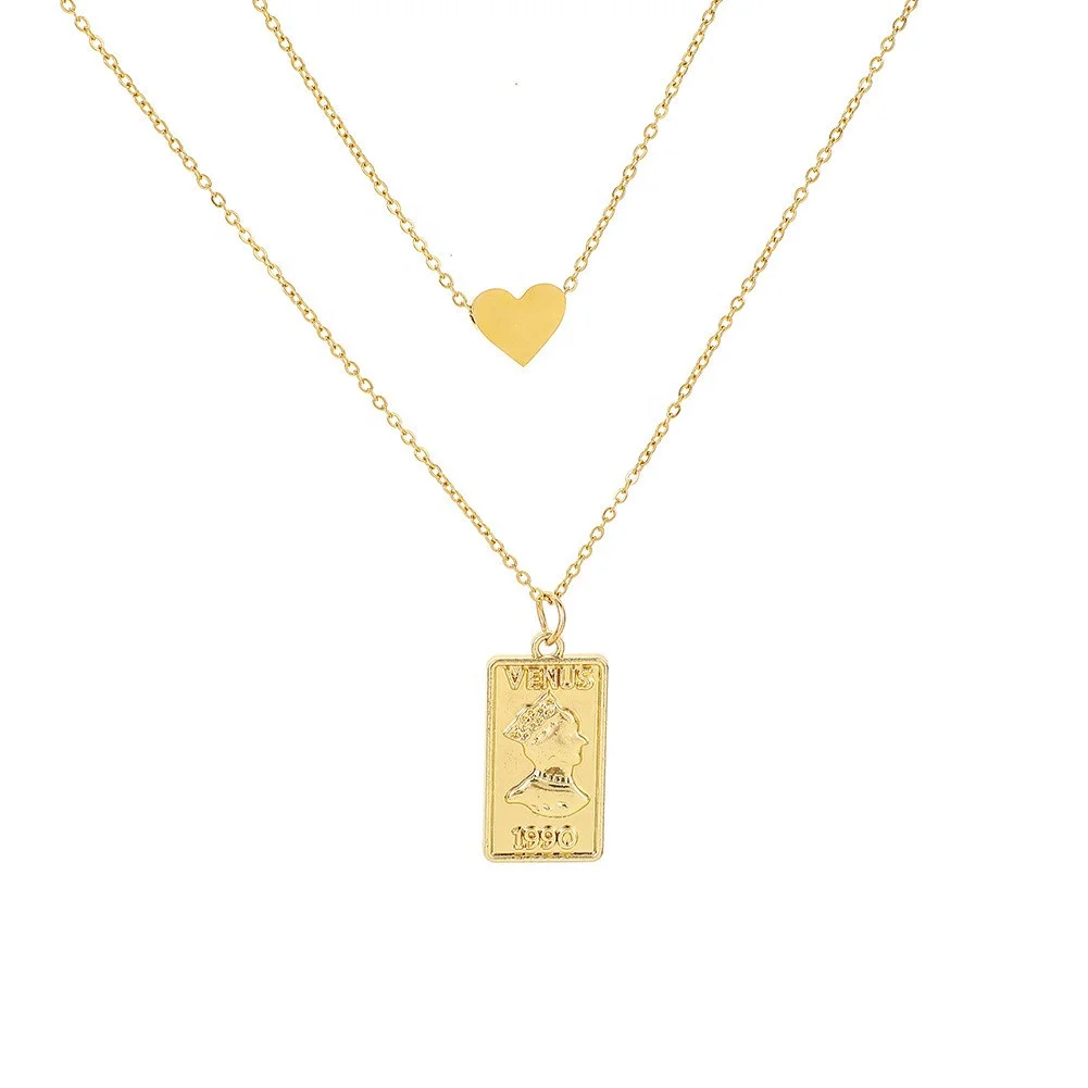 

New Trend Geometric Square Round Love Heart Metal Stainless steel Chain Necklace Gold Color for Women Girls Party Jewelry