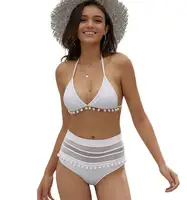 

2020 Hot Sale Sexy Women Bikini Latest Hot White Pom Pom Mesh Insert High Waist Swimwear Woman Bikini