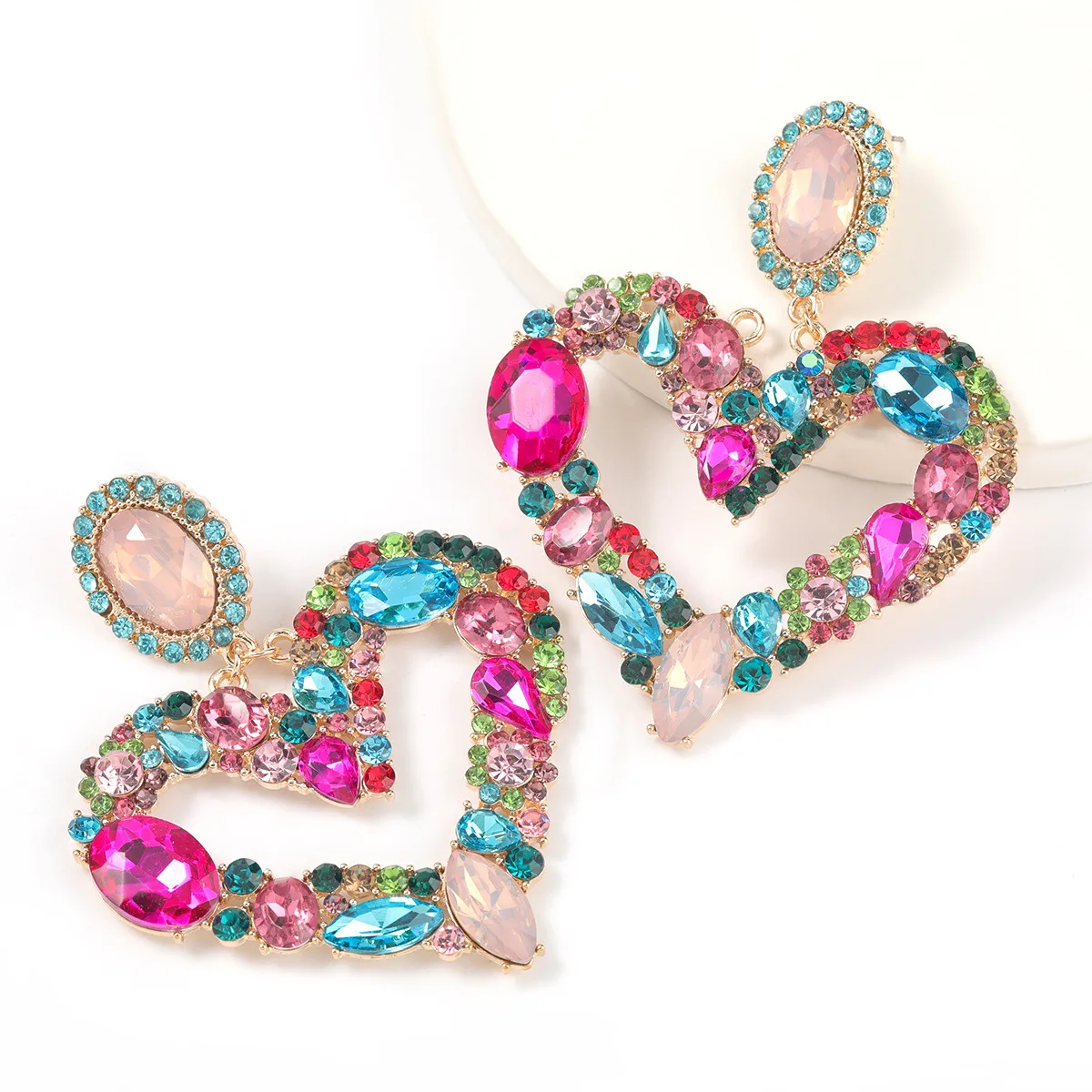 

Bohemia Style Rainbow Diamond Heart Shape Drop Earrings Colorful Crystal Rhinestone Big Heart Drop Earrings