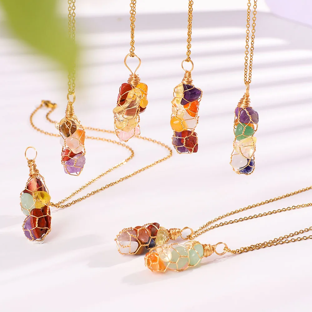 

Natural Stone 7 chakra gravel Crystal healing winding net Pendant Necklace Natural Gemstone jewelry for Women and men