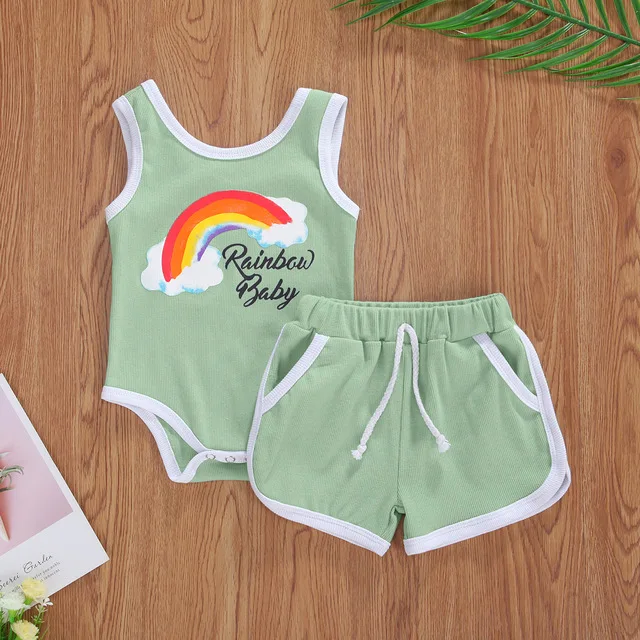 

2021 Newborn Cotton Toddler Baby Summer Clothes Sets Infant Boys Girls Sleeveless Baby Rainbow Print Rompers Shorts Sets