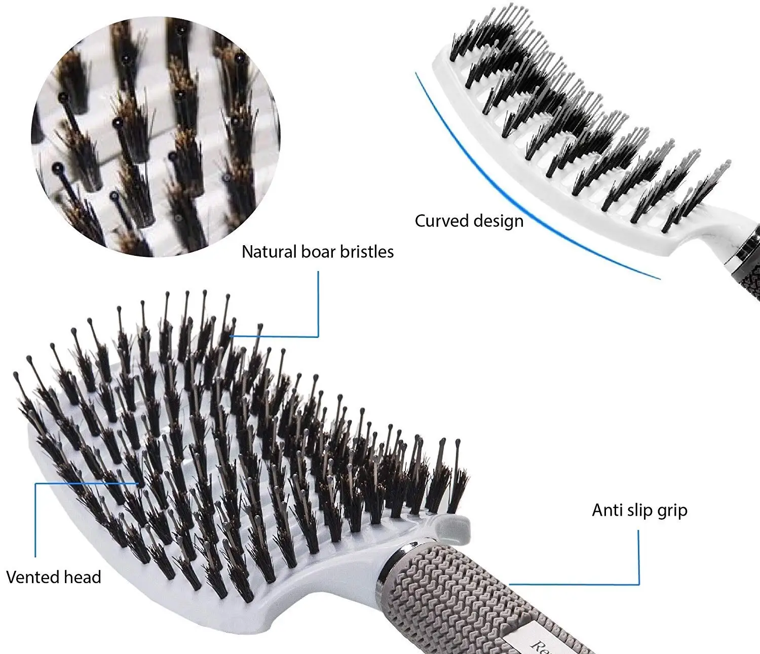 1pc Curved Vented Boar Bristle Styling Hair Brush & 1pc cleaning