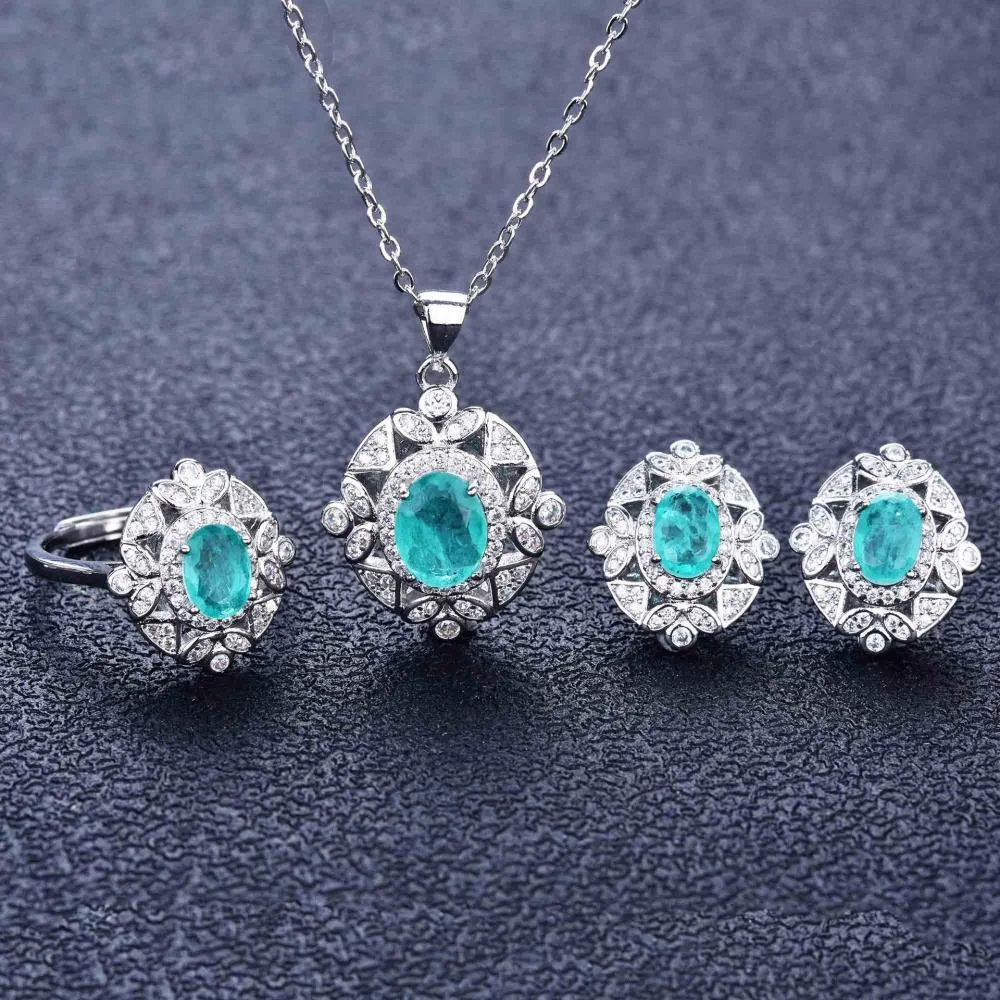 

Paraiba Style Ring Luxury Treasure Necklace Earrings Ring High-End Custom Jewelry Set for Woman Amazon Hot Sell