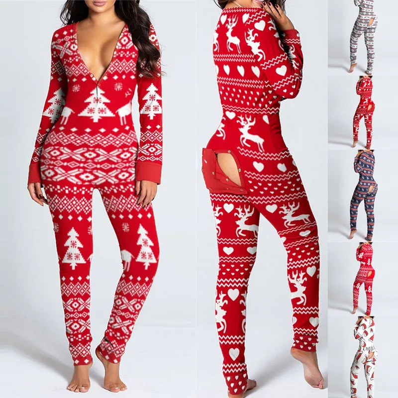 

Yingchao 2022 Fashion Sexy Hot Sell Christmas Printed Bodysuits Rompers Long Sleeve Women Jumpsuit Rompers Clubwear