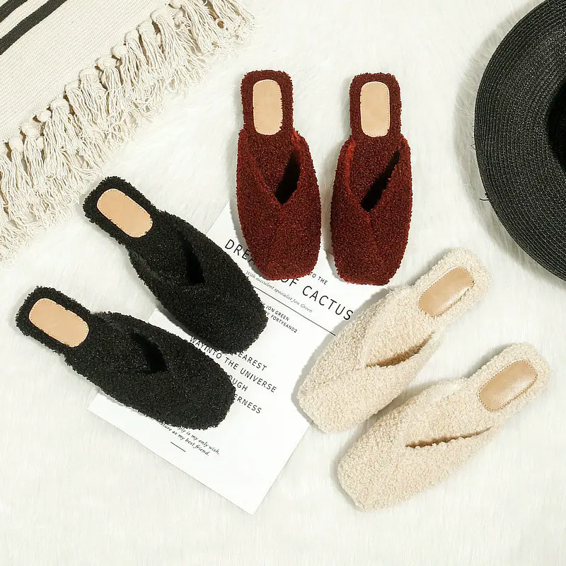 

New Trendy Imitation Lamb Wool Fuzzy Plain Fur indoor dress Shoes Slippers for Women Lady Winter Fashion Warm