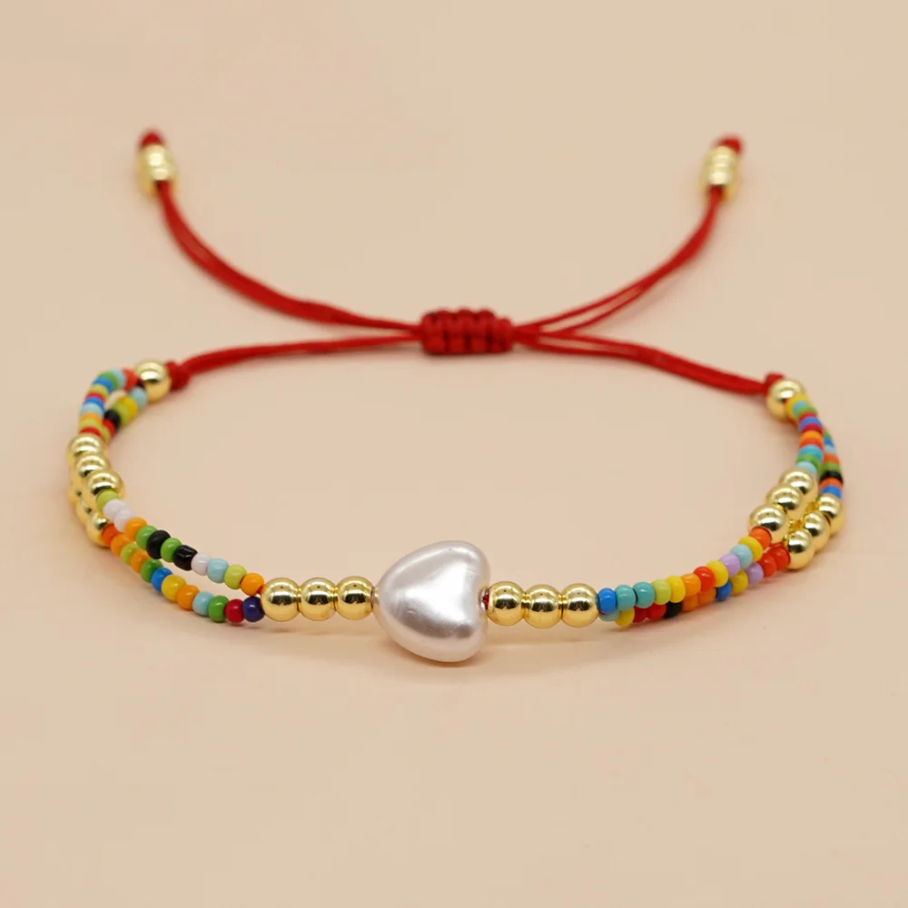 

Go2boho Seeds Beads Stacking Bracelets Multi-Layer Rainbow Bead Imitation Pearl Heart Chain Boho Red Rope Jewelry For Women Men