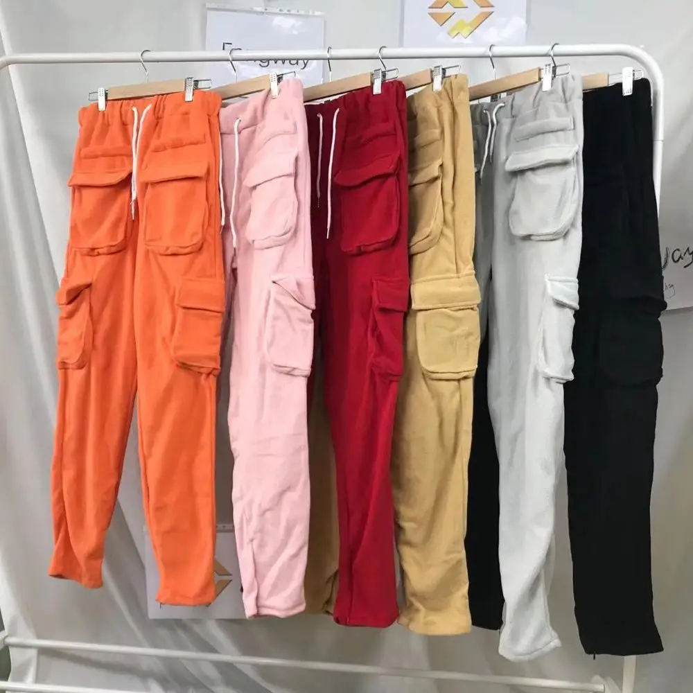 

2022 High quality winter solid color trouser Unisex thick stacked Sweatpants flares pants Fleece Jogger Cargo with pockets men, 10